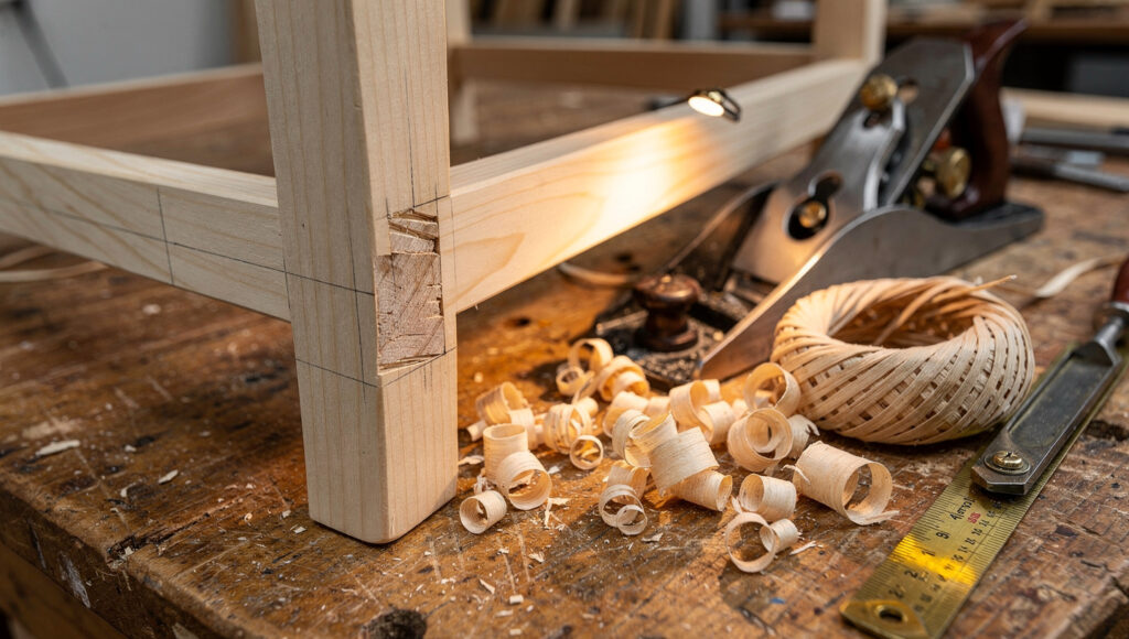 A partly built pale ash chair frame on a workbench showing an exposed finger joint, hand plane, wood shavings and a coil of paper cord.