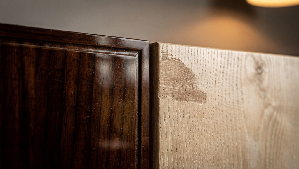 A lacquered walnut panel throwing a bright specular highlight beside an oiled white oak panel showing only grain under the same lamp.
