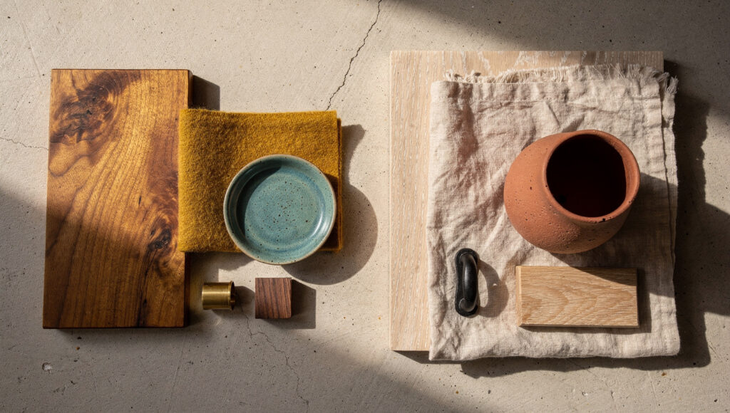 Two material groupings side by side, teak with mustard wool teal ceramic and brass on the left, white oak with undyed linen terracotta and matte black on the right.
