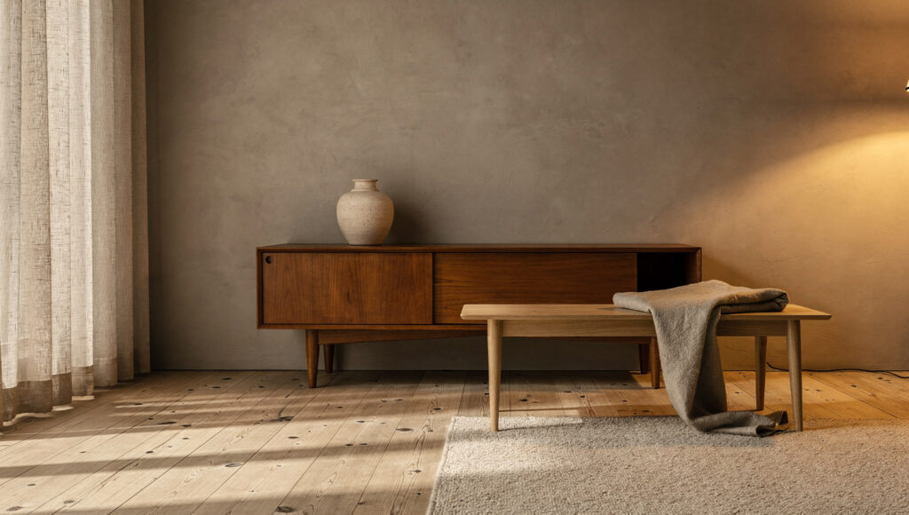 A calm greige and pale oak room holding one low teak credenza with splayed legs as its only dark piece, with bare wall above it.