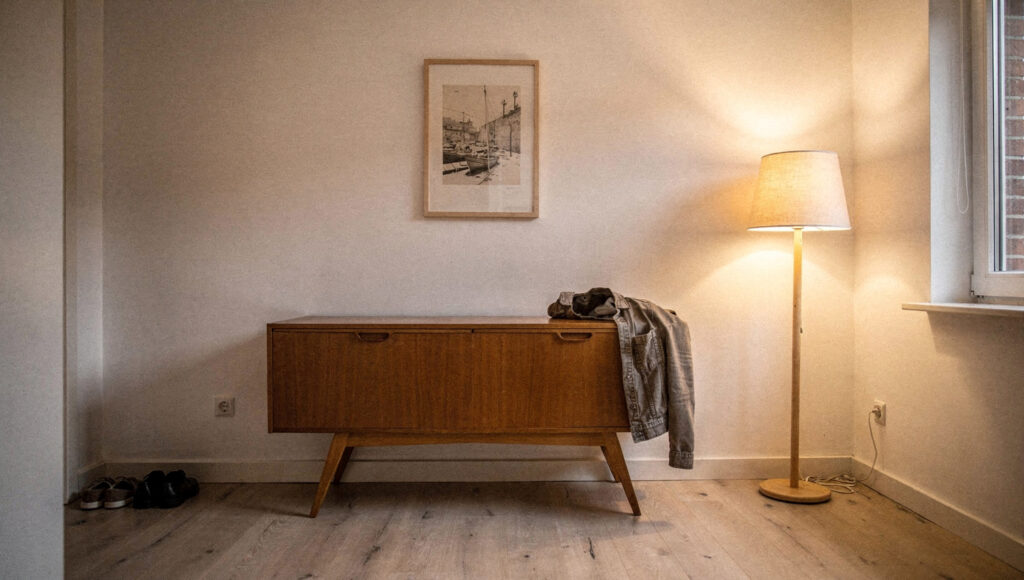 A small apartment corner in weak winter light with one splayed-leg teak sideboard against a warm white wall and a floor lamp carrying the room.