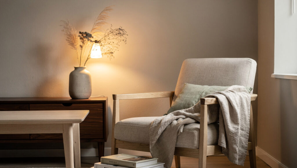 A north-facing room in warm greige with white oak and one walnut piece, a linen chair, and dried grasses, in cool daylight warmed by a lamp.
