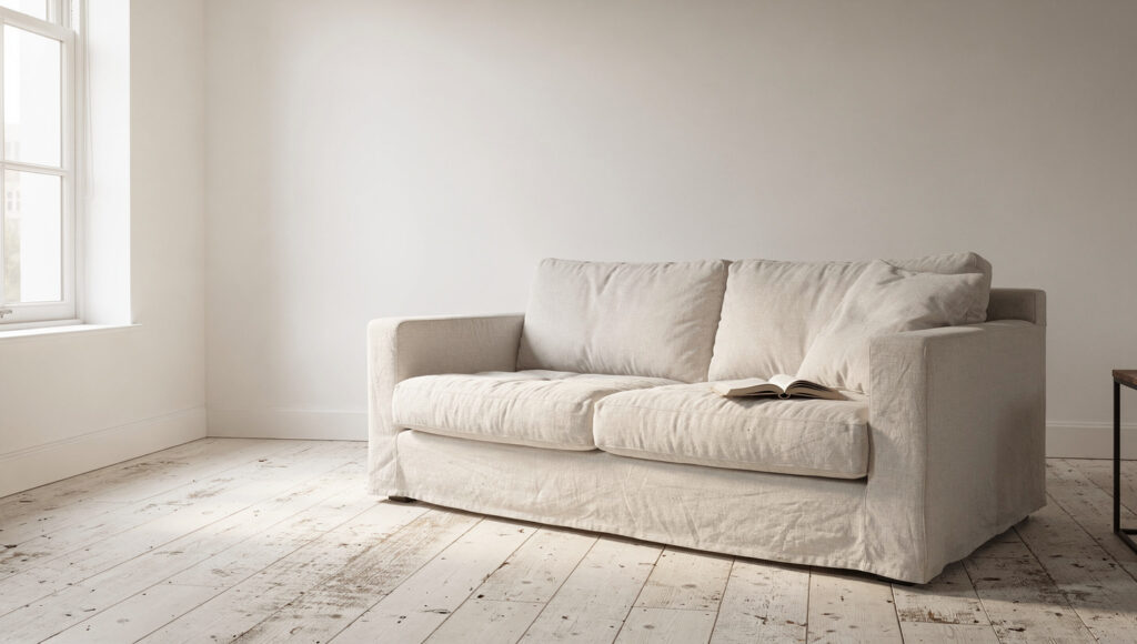 A north-facing room painted one warm white across walls, trim, and ceiling with white oak floors and a linen sofa in cool daylight.