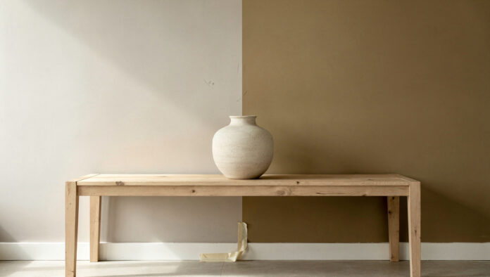 One wall painted in two blocks, a light warm greige beside a deeper warm khaki tan, showing the difference in depth between them.